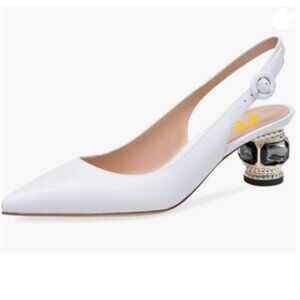 FSJ White Pointed Toe Slingback Wedding Pumps Chunky Low Heel Rhinestone Sandals